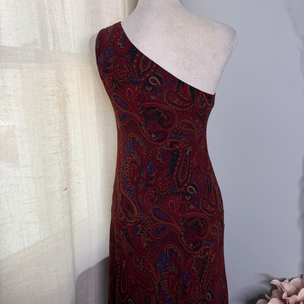 Vintage Lauren Ralph Lauren Maxi Dress Silk Paisley One Shoulder Women's Size 4 - Picture 5 of 10
